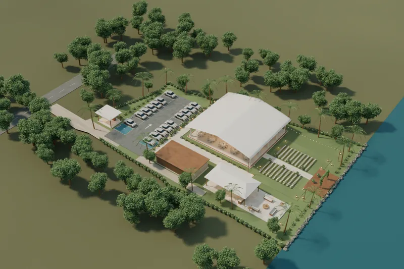 Overhead perspective showing the connected venue spaces