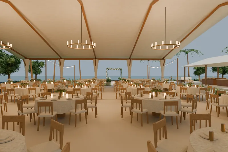 Round tables, ivory linen and warm chandeliers in the dining pavilion
